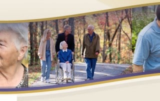 three pictures of elderly people with their family